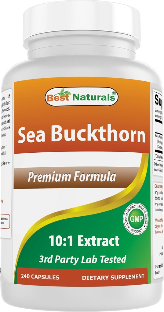 Best Naturals Sea Buckthorn Oil Powder Extract 10:1 500 mg 240 Capsules - Non-GMO, Gluten Free - Contains Naturally Occuring Omega-7 Palmetoleic Acid