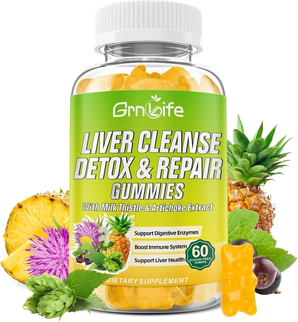 Liver Cleanse Detox & Repair Gummies with Milk Thistle 3000mg, 24-in-1 Liver Health Supplement with Dandelion, Artichoke, Sugar Free Liver Detox Gummies, Pineapple Flavor - 60 Count