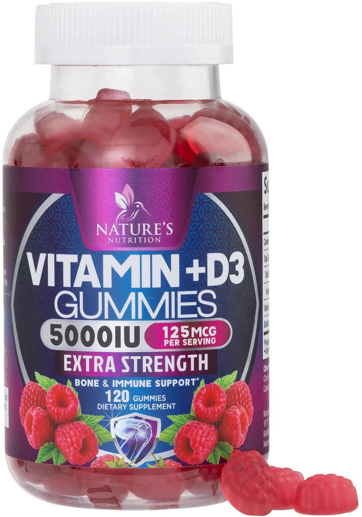 D3 Vitamin Gummy 5000 IU (125 mcg) Erkekler ve Kadınlar için D vitamini - Kemik, Dişler, Kas ve Immune Health Support, High Potency VIT D3 Nature's Non-GMO & Gluten Free - 120 Gummies