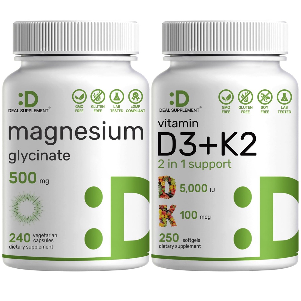 Magnezyum Glycinate 500 mg Veggie Capsules & Vitamin D3 5000iu + K2 100mcg Softgels Sche - Kolay Absorbed Chelated Mineral - D & K Essential Sunshine Vitaminleri