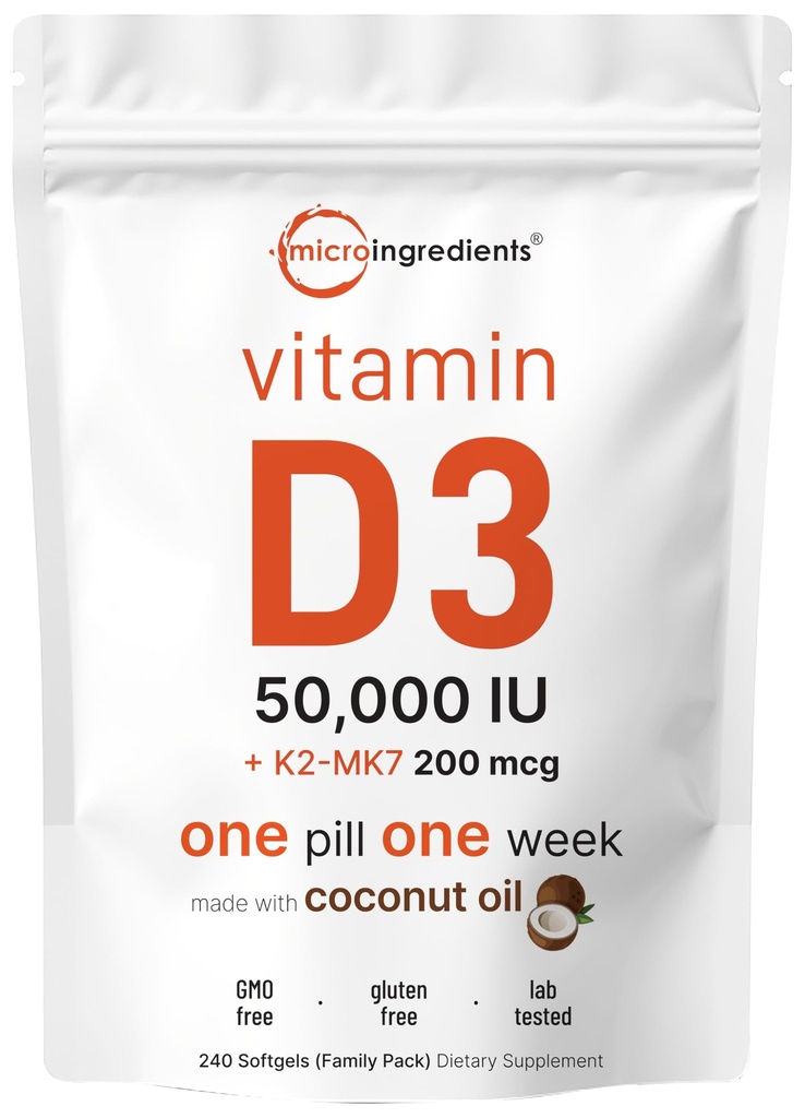 Mikro Malzemeler D3 50.000 IU + K2 MK-7 200 mcg, 240 Softgels | Virgin Coconut Oil | 2in-1 Bone, Immune & Heart Support | Easy to Swallow, Non-GMO 200 mcg, Non-GMO
