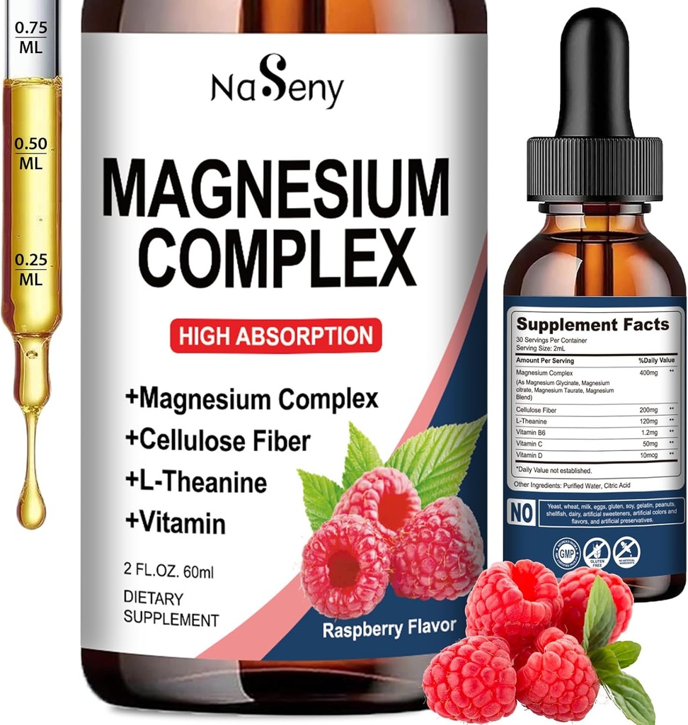 Magnesium Complex Supplement, 400mg of Magnesium Glycinate, Malate & Citrate Vitamin Blend for Women and Men, High Absorption - for Relaxation, Good Sleep & Nerve Health (60ML/Raspberry)