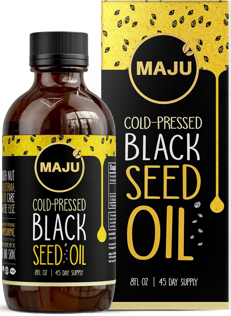 MAJU Black Seed Oil - 3 Times Thymoquinone, Cold-Pressed, %100 Türk Siyah Cumin Tohum Petrol, Sıvı Saf Siyah Yağ, Cam Şişe, 8 ozed Oil, Glass Şişe, 8 oz