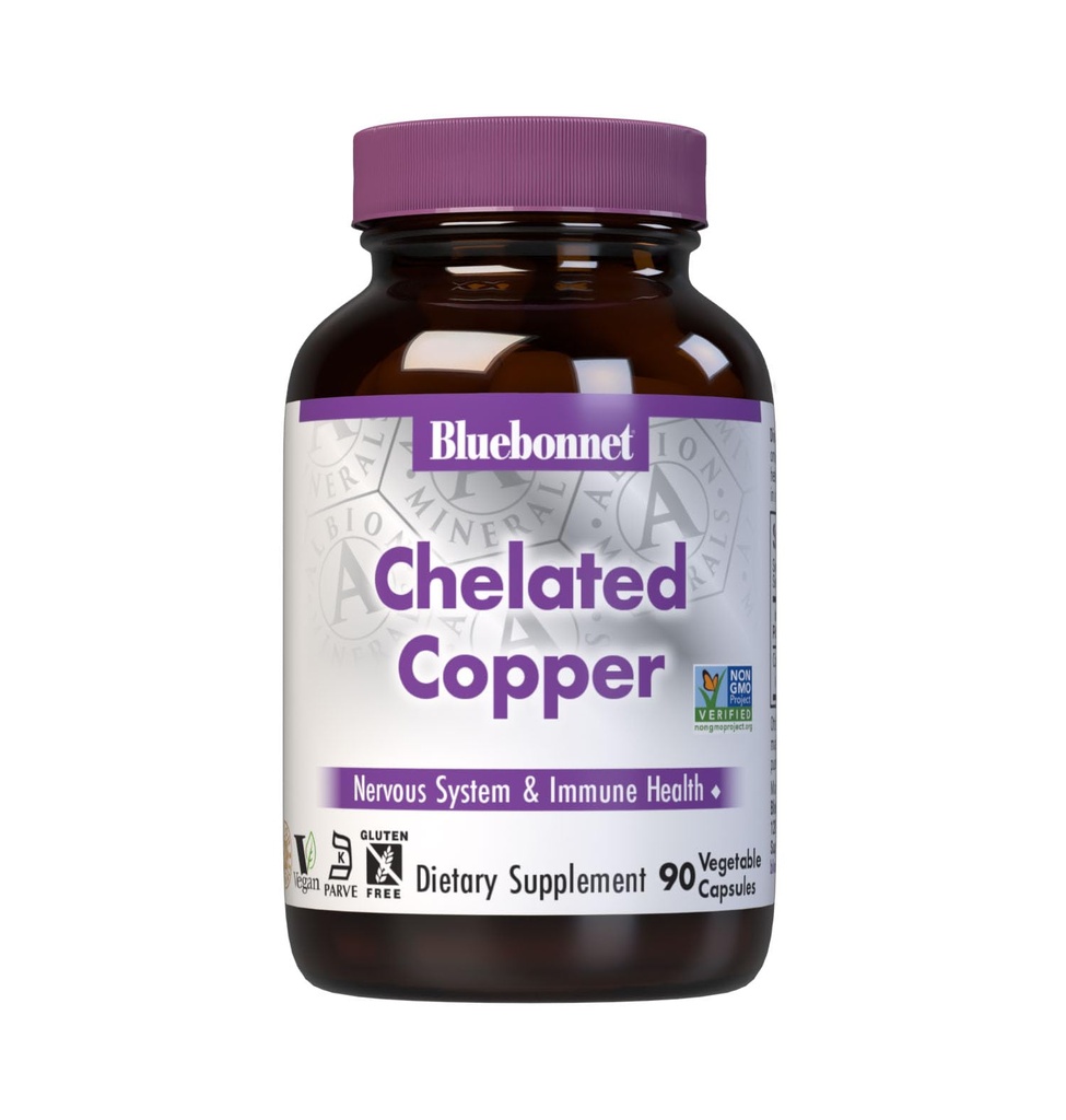 Bluebonnet Beslenme Albion Chelated Copper, 3 mg of Copper, For Nervous System & Immune Health*, Soy-Free, Gluten-Free, Non-GMO, Kosher sertifikalı, Süt-Free, Vegan, 90 Sebze Capsule, 90 Hizmet
