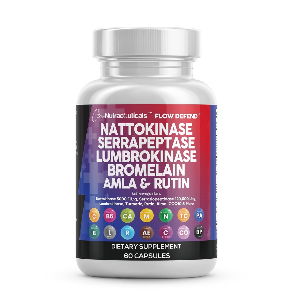 Clean Nutraceuticals Nattokinase 5000 FU Serrapeptase 120000 SPU Lumbrokinase Enzyme Supplement with Bromelain Papain Papaya Enzymes Rutin Extract Amla Magnesium Vitamin B6 & VIT C Capsules