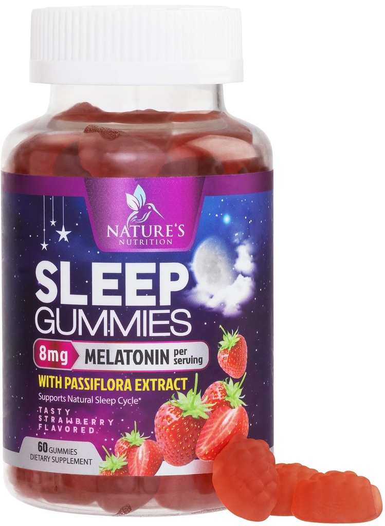 Yetişkinler için Uyku Gummies Ekstra Güçlü 8mg - Canatonin with Passiflora Extract for Restful Sleep - Fast Acting Melatonin Sleep Gummy Supplement, Vegan, Non-GMO, Tasty Strawberry Flavor - 60 Gummies