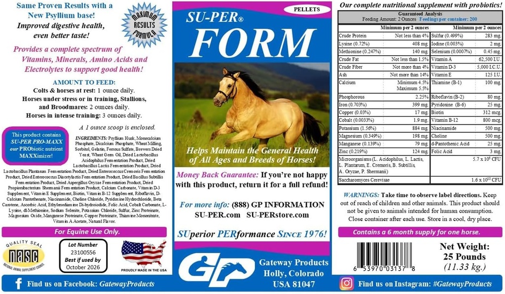 SU-PER Form Atı Vitaminleri ve Mineralleri - Probiyotiklerle Beslenme Tamamı - Vitaminler, Mineraller, Amino Asitler & Elektrolytes - General Health - 25 Pounds, 6 Ay Supply