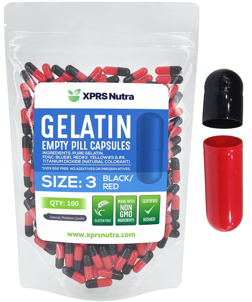 XPRS Nutra Boyutu 3 Boş Kapsüller - 100 Kont Boş Gelatin Capsules - Pills DIY Capsule - Pure Bovine Pill Gel Caps Do-It- Yourself Vitamins and Supplements (Black/Red)