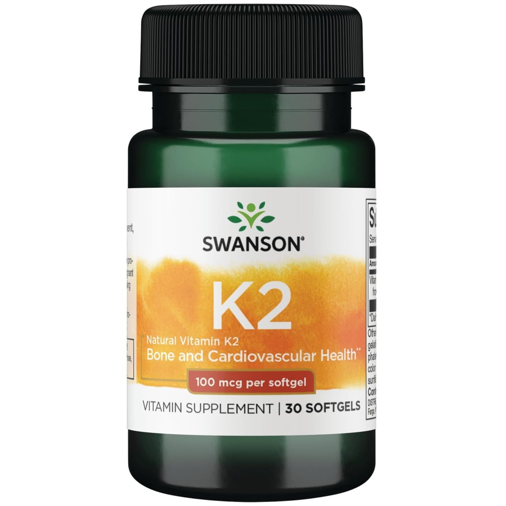 Swanson Vitamin K2 (Menaquinone-7) - Vitamin Supplement Supporting Cardiovascular ve Bone Health - Japon Natto'dan Regulateba'ya yardım etmek için - (30 Softgels, 100mcg Her)