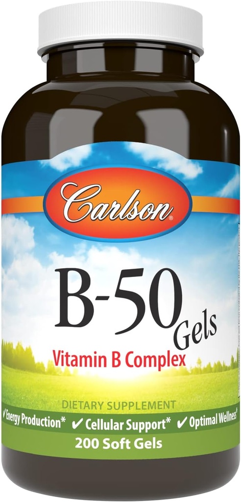 Carlson - B-50 Gels, Vitamin B Kompleksi, Enerji Üretimi, Hücre Destek & Optimal Wellness, 200 Softgels