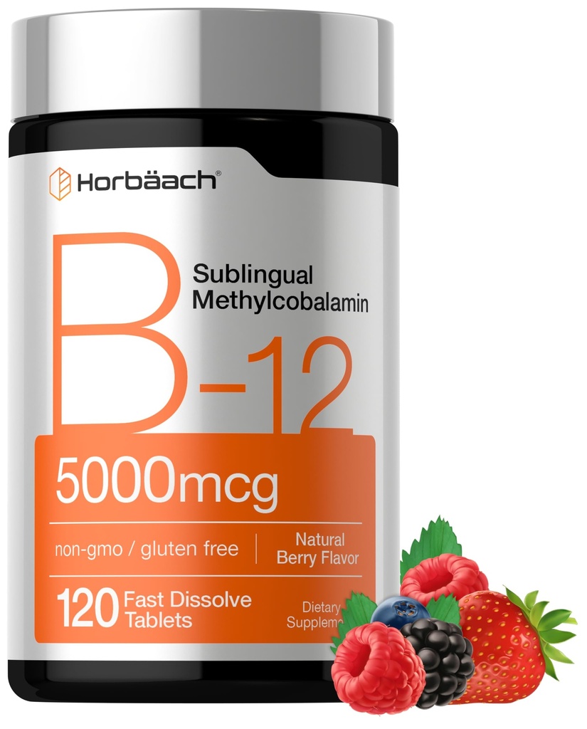 Horbäach B12 Vitamin 5000 mcg | 120 Hızlı Dissolve Tabletler | Sublingual Mecobalamin | Vegetarian, Non-GMO & Gluten Ücretsiz Supplement