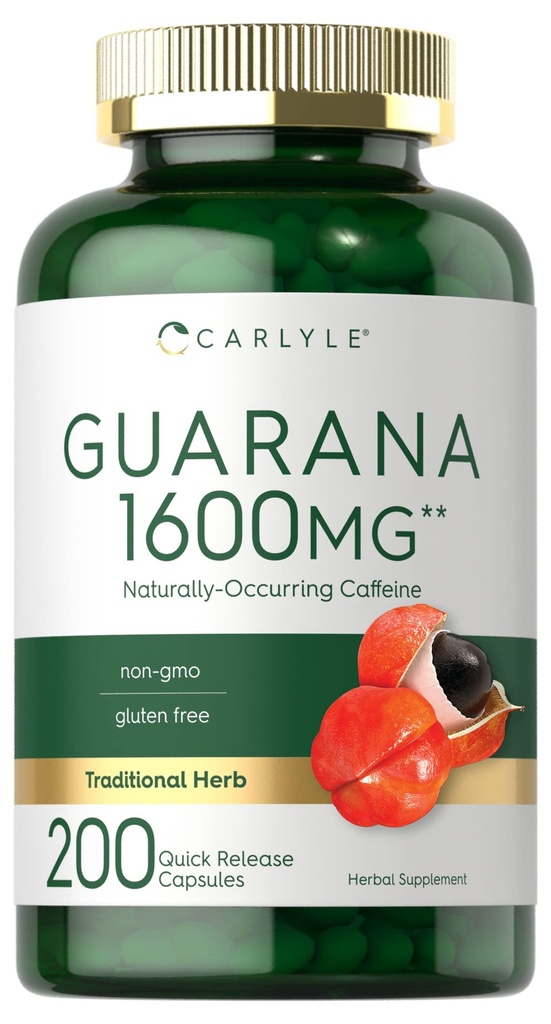 Carlyle Guarana Extract Capsules | 1600 mg | 200 Kont | Doğal Occurring Caffeine Supplement | Non-GMO, Gluten Free