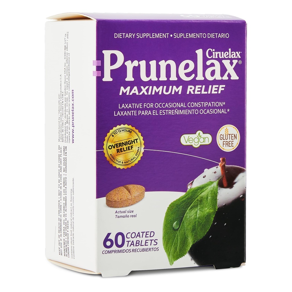 Prunelax Ciruelax Natural Senna for Occasional Constipation, Senna Extract, Vegan & Gluten-Free, Gentle Overnight Relief - 60ct