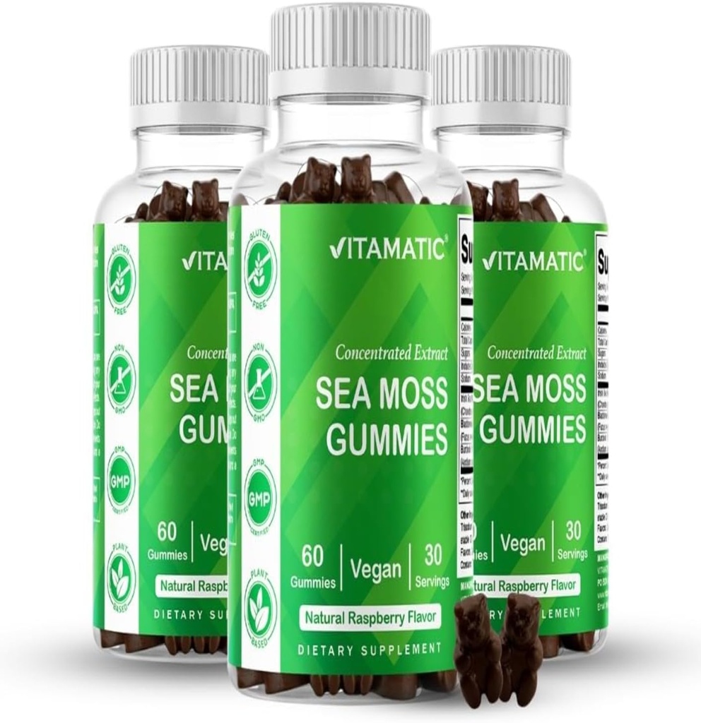 Vitamatic 3 Pack Irish Sea Moss Gummies- 3000mg Equivalent Per Service ( 132.5 mg) - 60 Ct - Bladderwrack & Burdock Root - Seamoss Supplement for Yourroid, Energy, Immune Support