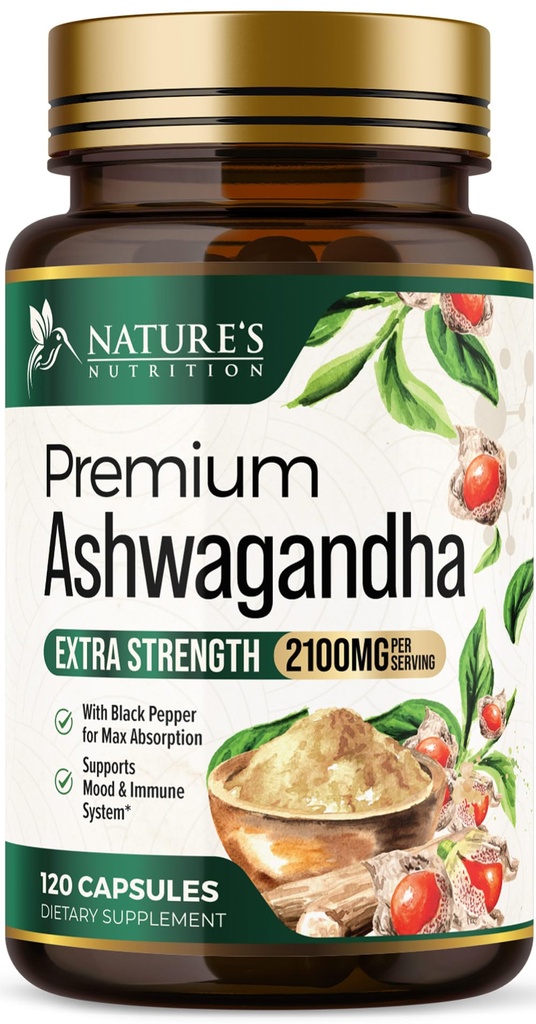 Ashwagandha Supplements - 2100 mg Ashwagandha Capsule for Women & Men, Natural Antioksi Support, Ashwa Root Extract, Extra Strength Calm Support with Black Pepper, Vegan & Gluten Free - 120 Capsules