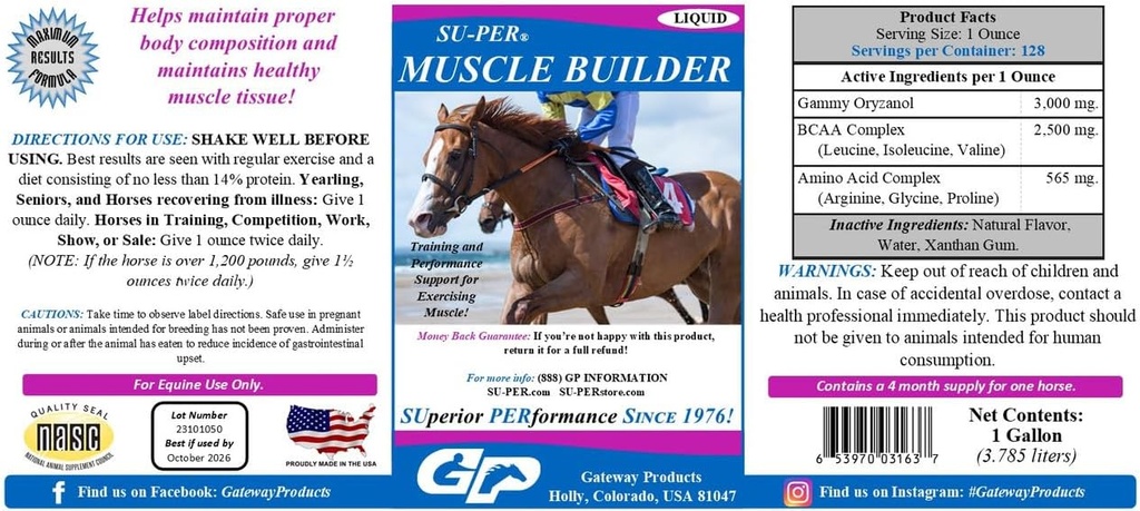 SU-PER Muscle Builder Horse Supplement - Exercising Muscle - 1 Gallon, 4 Ay Supply