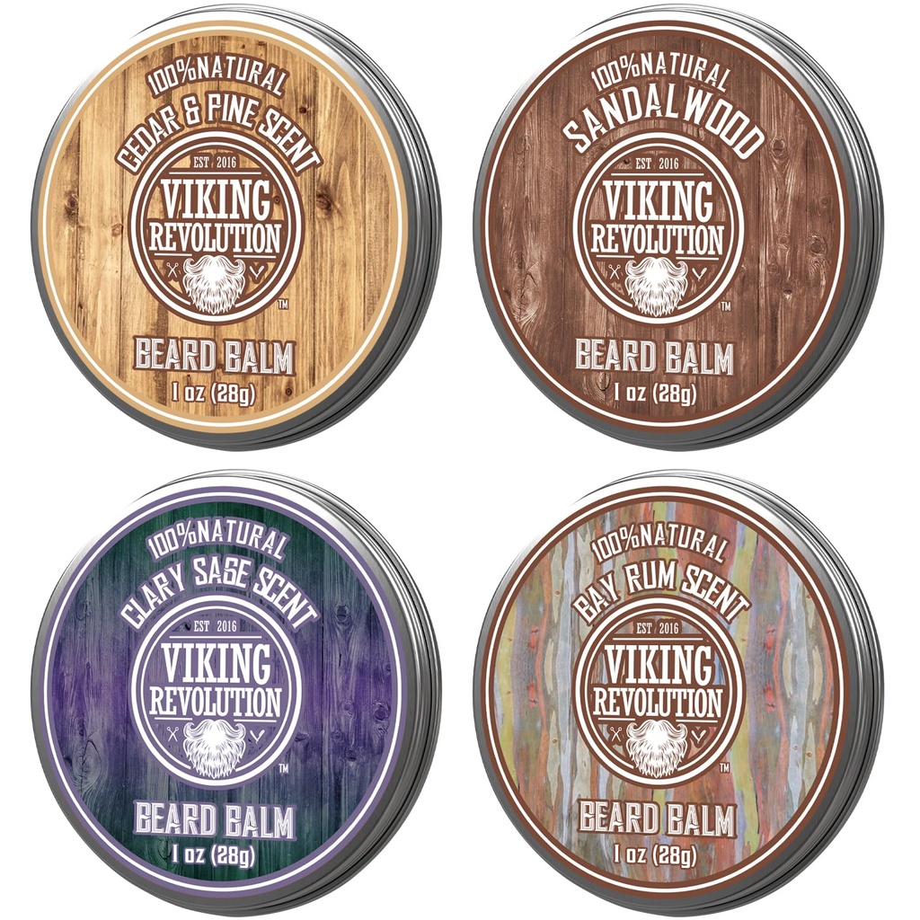Viking Devrimi 4 Ayıd Balm Çeşitli Paketi (1oz Her biri) - Sandalwood, Pine & Cedar, Bay Rum, Clary Sage - Stiller, Güçler ve Yumuşak Ayılar ve Mustaches - Erkekler için Evler