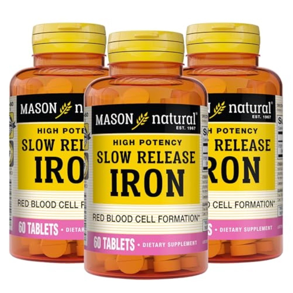 Mason Natural Slow,Release Iron (Ferrous Sulfate) 50 mg Tablet, 180 Day Supply, High Potency Supplement, Stomach, 3 Pack