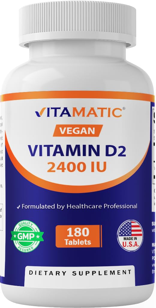 Vitamatic Vitamin D2 60 mcg (2400 IU) - Ergocalciferol - 180 Vejetaryen Tabletler (180 Tabletler 1) (1 Şişe)