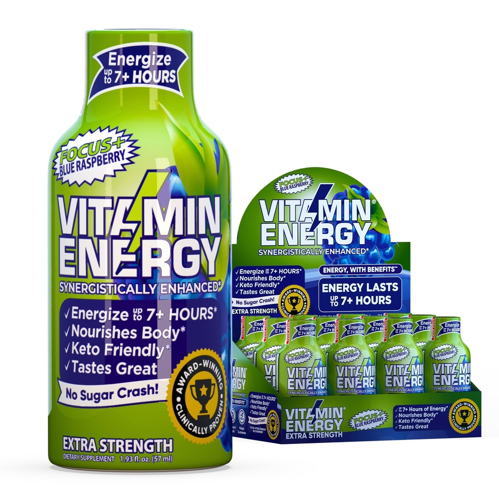Enerji Odaklığı + Ekstra Güçlü Enerji Shot Blue Raspberry 12 Pack, 260 mg Natural Caffeine, B-Vitamins, CoQ10, Amino Asits, Focus, Verimlilik & Clarity, Zero Sugar, Gluten-Free, 1.93 fl ozz