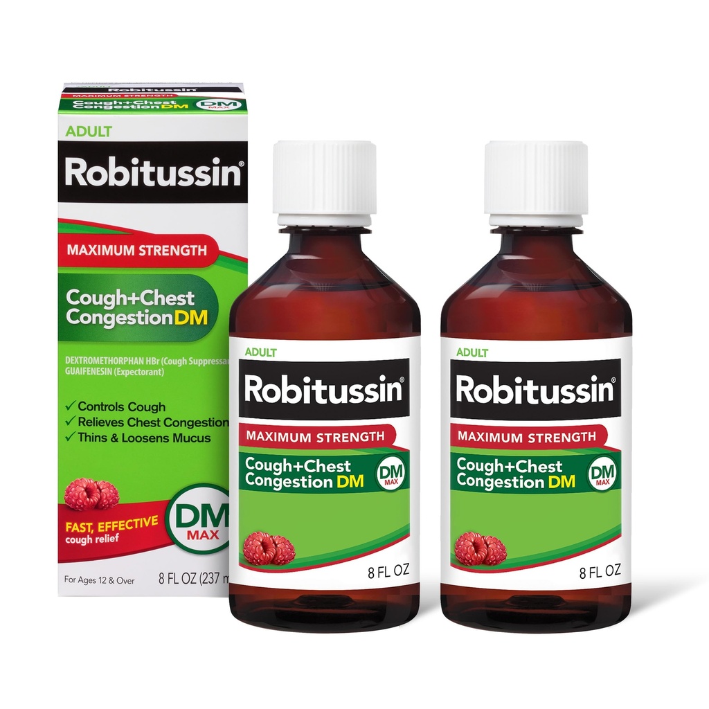 Robitussin Yetişkin En Güçlü Cough Plus Chest Congestion DM Max, Cough Suppressant ve Waitorant, Raspberry Flavor, 8 Fl Oz x 2