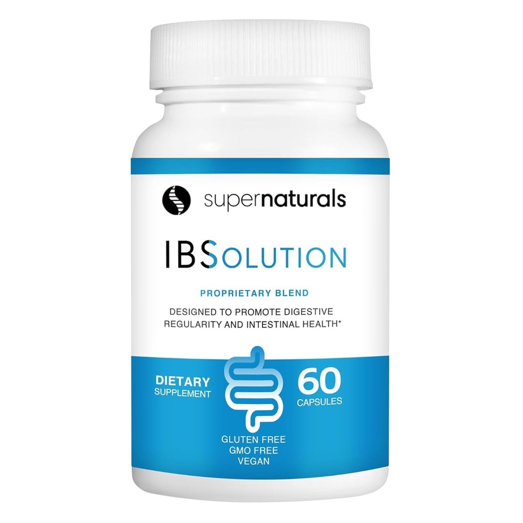 Supers Natural IBSolution - Made in USA, Non-GMO, Gluten Free & Vegan (60 Capsules) - Digestive Gut Health Supplement With Psyllium Husk - Gas, Bloating, Diarrhea, Constipation Relief, Abdominal Pain