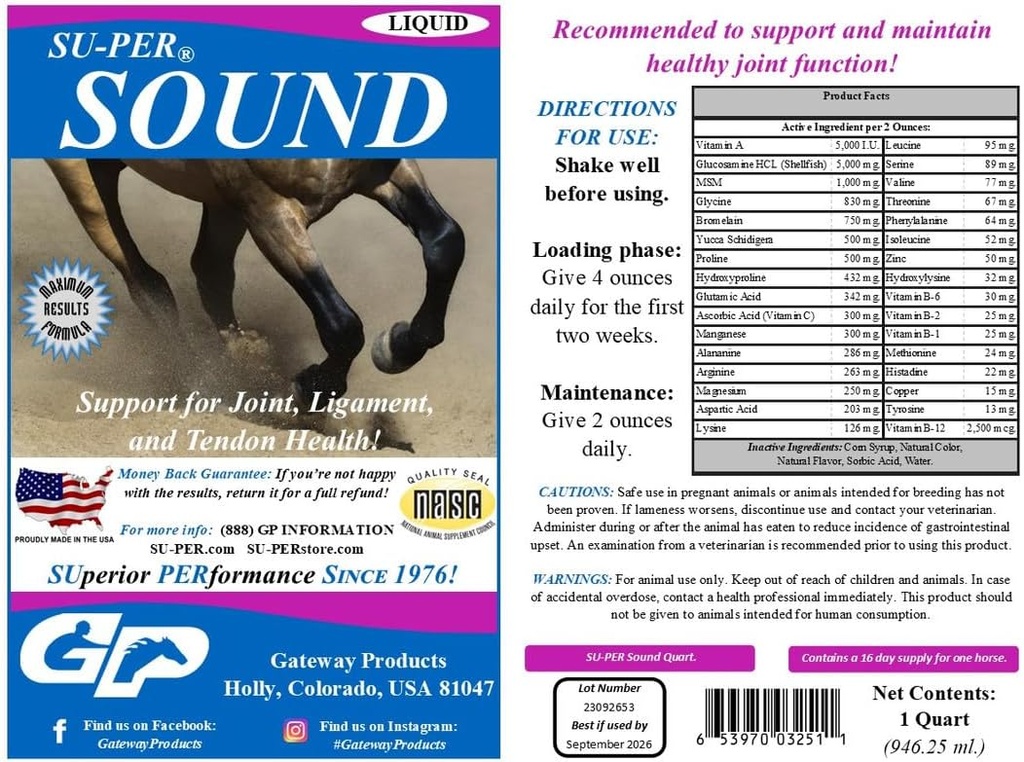 SU-PER Sound Joint Horse Supplement - Ortak, Ligament ve Tendon Health - At Vitaminleri ve Mineralleri, Glucosamine, MSM, Bromelain, amino asitler, Lysine - 1 Quart, (2 Pack)