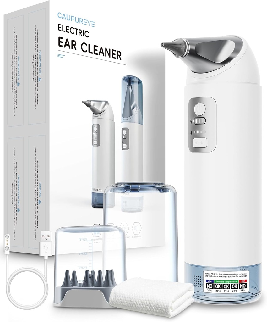 Ear Wax Removal Kit, 360°Elektrikli Kulak Temiz, 4 Su Basınç Modu ile Kulak Yıkama Kiti, Güvenli Kulak Irrigation Flushing System w/8 Irrigation Tips, Low Gürültü, IP65 Su Yalıtım Kiti