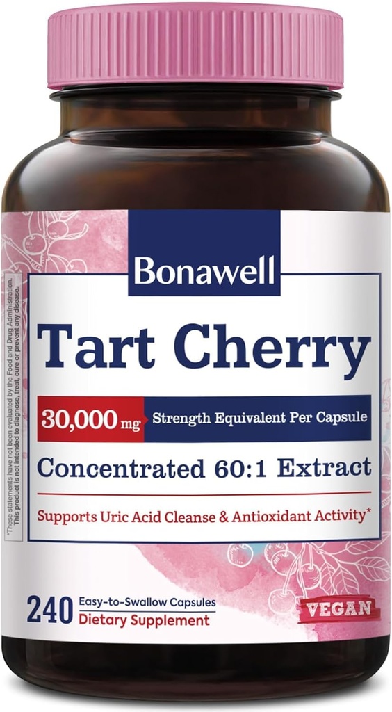 Bonawell Tart Cherry 60:1 Ekstraksiyon, 30000 mg Güçlü, Montmorency Tart Cherries, Güçlü Uric Acid Cleanse, 8 Ay Supply, 240 Capsules
