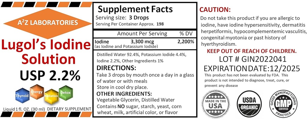 Genric A2Z Organik Lugol'un Iodine ve Pyumide 2.0% Çözüm, 1 Fl Oz - Tiroid Desteği için sıvı Supplement Drops, Detox, Metabolism, ABD'de Yapıldı