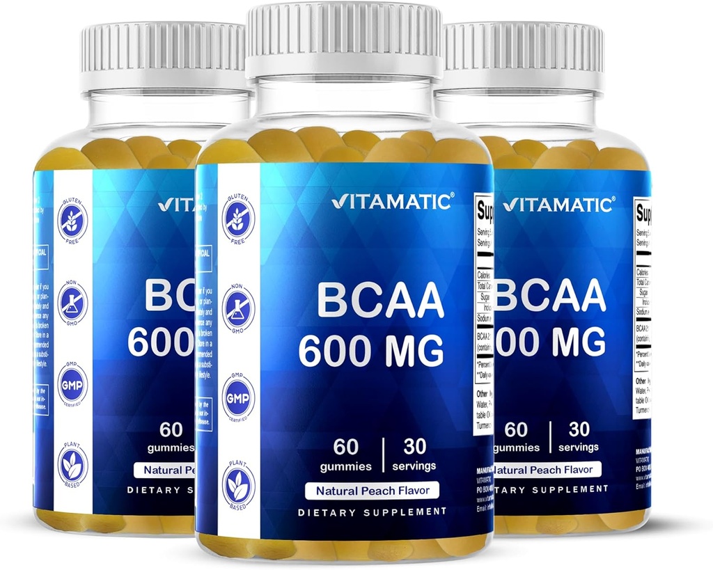 Vitamatic BCAA Gummies - Branş Zincirleri - Peach Flavor - Servis başına 600 mg - 60 Vegan Pectin Temel Gummies (3 Şişe)
