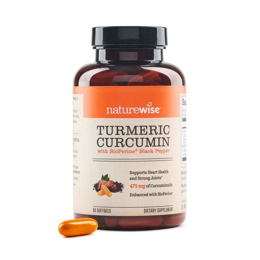 NatureWise Turmeric Curcumin 500 mg with Black Pepper Softgels - Ekstra Kuvvet, Gelişmiş Absorpsiyon -% 95 Curcuminoids & BioPerine for Immune Support - Gluten-Free, Non-GMO - 90 Count[3-Month Supply]