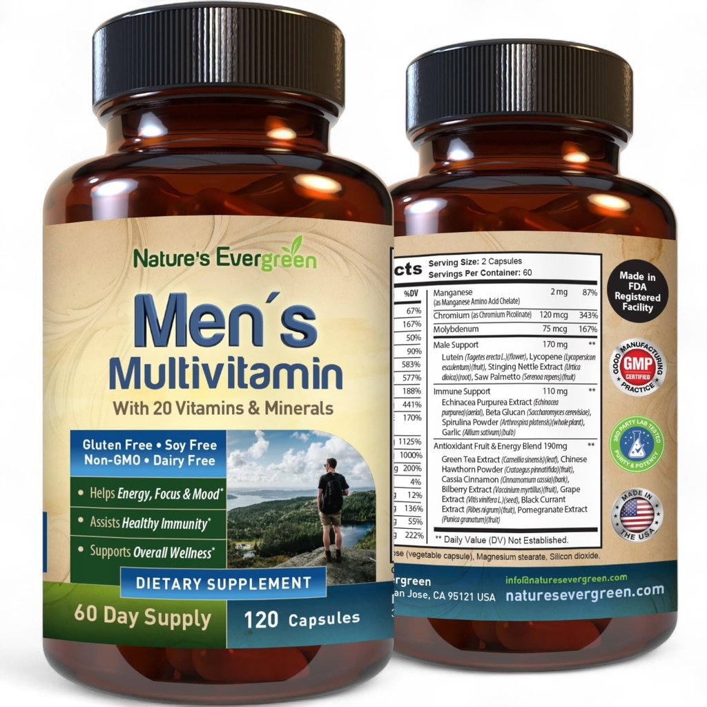 Erkekler için en iyi Multivitamin | Tamamen Erkeklerin Multivitaminleri ve Multimineralleri 20 A, C, D, E, B12, çinko & More Essential Vitamins for Men | Energy, Focus & Immune Health. 120 Capsules
