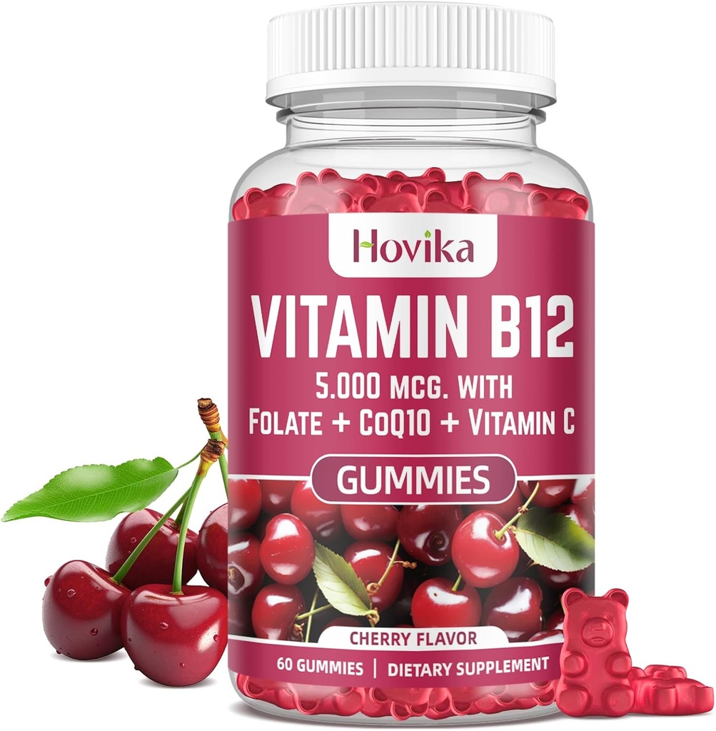 B12 Vitamin Kompleks 5000 mcg Torch B12, Adenosyl B12 & Hydroxy B12, Coenzyme Q10, Folate, C, Chewable B 12 Enerji Desteği için, Metabolism, Bone Health - Cherry Flavor