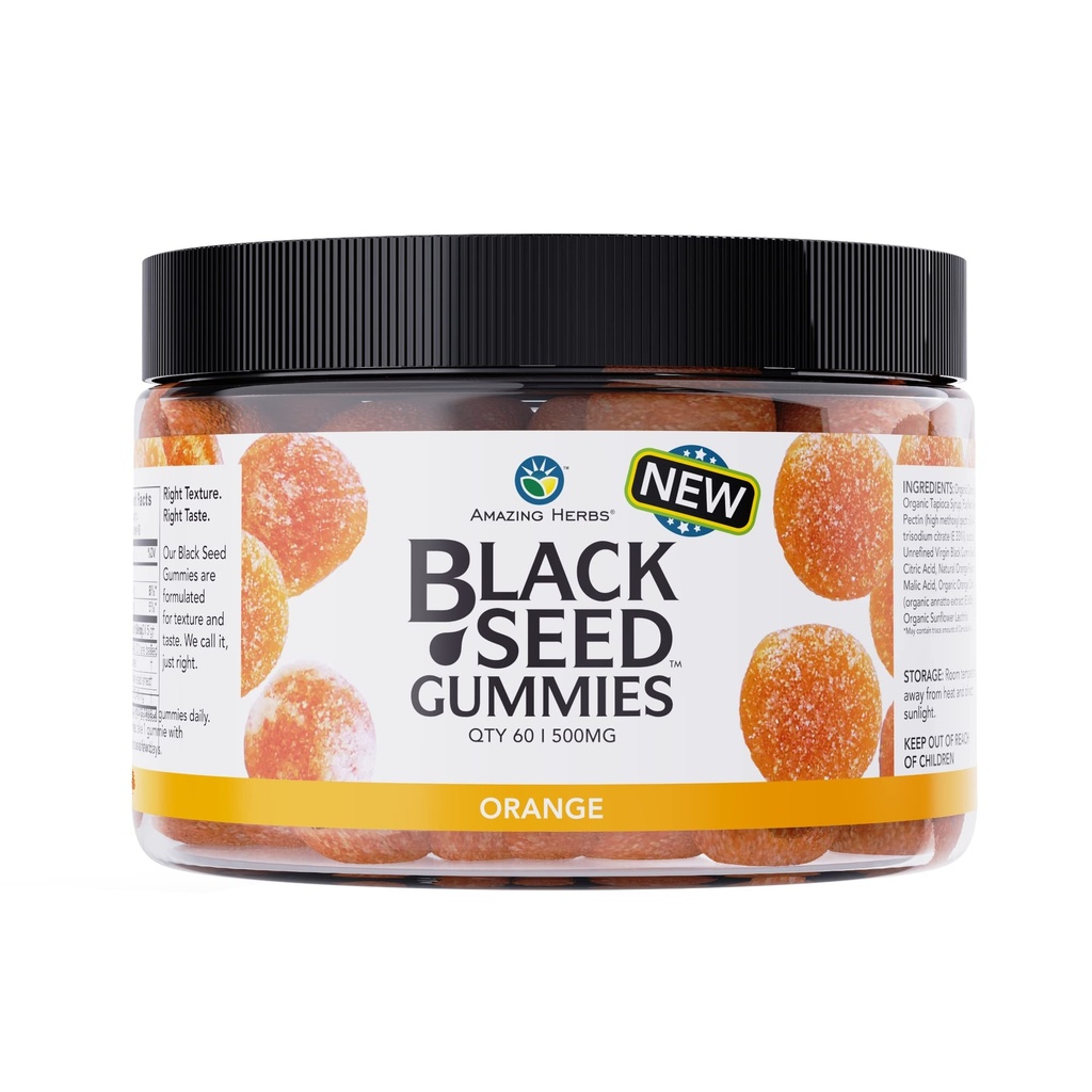 Amazing Herbs Organik Siyah Tohum Yağı Gummies - 500mg Per Servis, Soğuk Basınlı Siyah Cumin Tohumu, Nigella Sativa ile Yapıldı, Immunity, Supports Health Digestion - Orange Flavor 60 Count