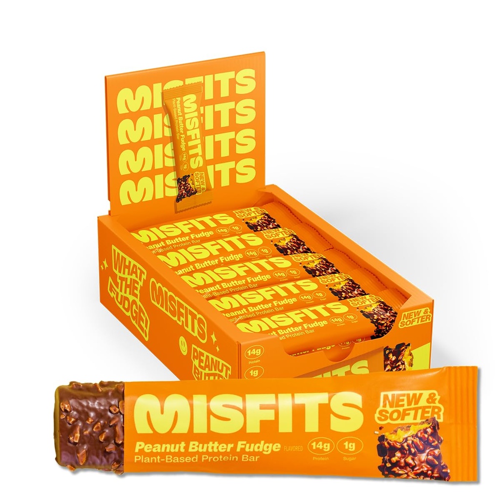 Misfits Vegan Protein Bars, Peanut Butter Fudge - Güncelleme Recipe | Plantive, Low Sugar & Carb, High Fiber Snacks | Pack of 15