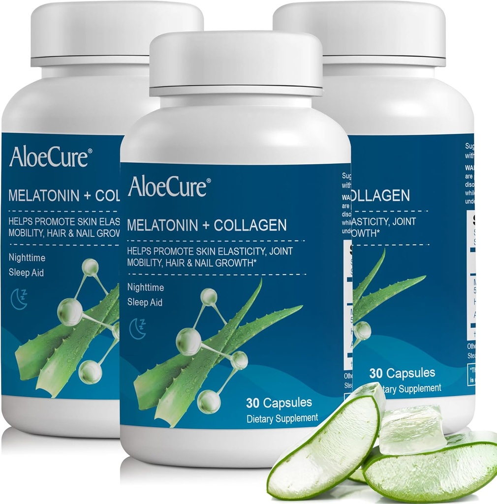 AloeCure Natural Melatonin + Collagen with Organic Aloe Vera - Natural Sleep Aid Supplement for Restful Nights - Collagen Complex for Joint Strength, Skin Elasticity, Hair & Nail Growth, 30 Capsules