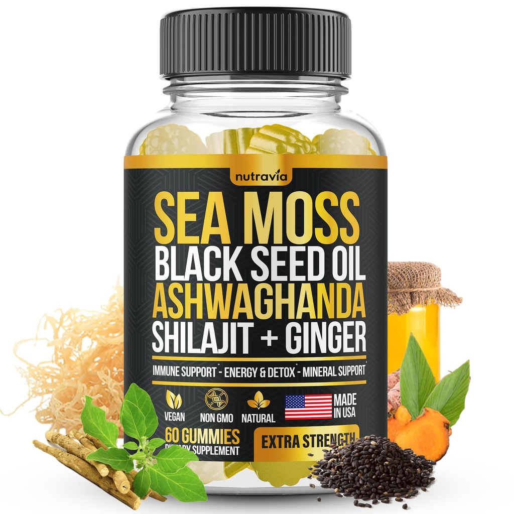 Sea Moss, Black Seed Oil, Ashwagandha, Ginger, Shilajit Gummies with Elderberry, Chlorophyll, Turmeric Bladderwrack Sea Moss Gummies Advanced Strength Formula - All in 1 Sche - USA Made (60 Gummies)