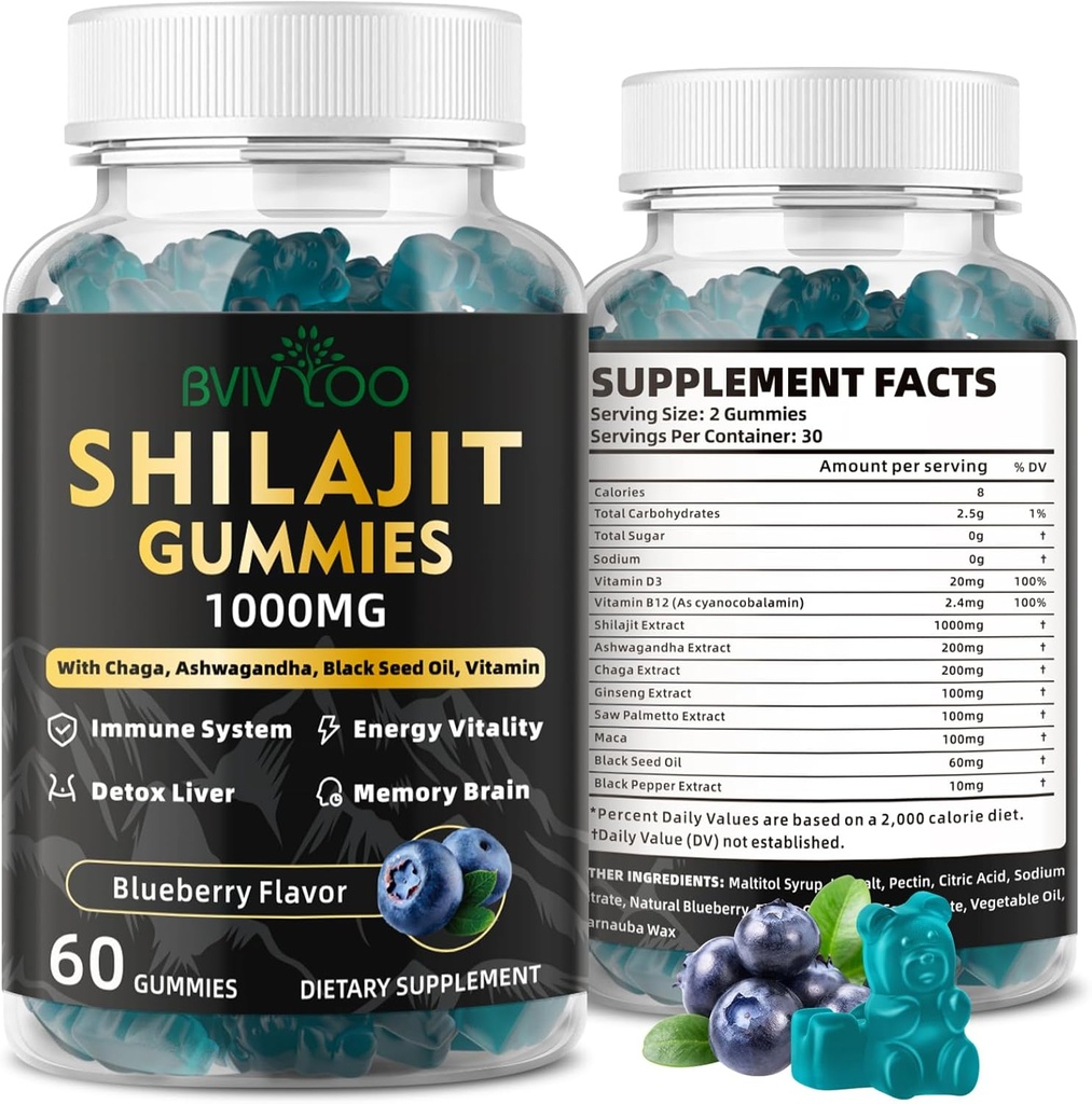 Erkekler ve Kadınlar için Shilajit Gummies - Sugar-Free Shilajit Supplement Rich in 85+ Trace Minerals & Fulvic asit, Enerji, Beyin ve Immunity Support - 60 Gummies