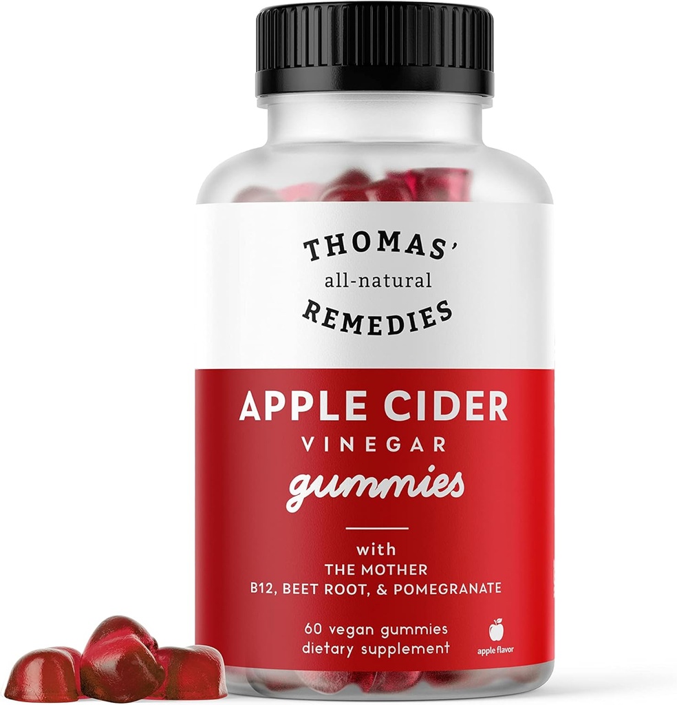 Thomas'ın tüm doğal remedies Apple Cider Vinegar Gummies with The Mother, ACV Gummies 1000 mg, Beet Root, Pomegranate, B9 & B12 Vitamins Gummies, Gelatin-Free, Gluten-Free, Vegan & Non-GMO (60)