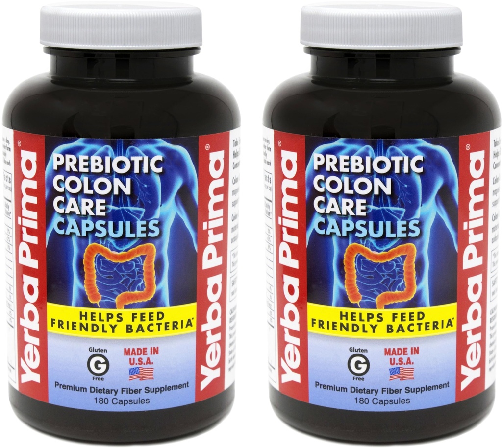 Yerba Prima Prebiotic Colon Care Capsules Dietary Fiber, 180 Count, (Pack of 2) - Five Forms of Fiber Plus FOS Prebiotics Supplement - Soluble & Insoluble for Regularity & Digestive Support