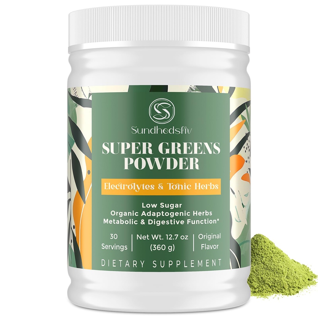 Super Greens Toz Superfood + Elektrolytes & Tonic Herbs | Organik Yeşiller, Shilajit, Adaptogens, Antioksis, Preobiyotik & Probiyotik & Postbiyotik| Energy, Gut & Immune| Unflavored - 30 Hizmet