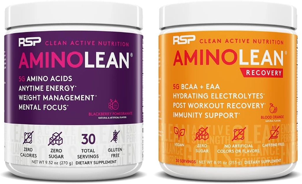RSP NUTRITION AminoLean Pre Workout Energy (BlackBerry Pomegranate 30 Hizmet) ile BoltLean Recovery Post Workout Boost (Kan Orange 30 Hizmet)