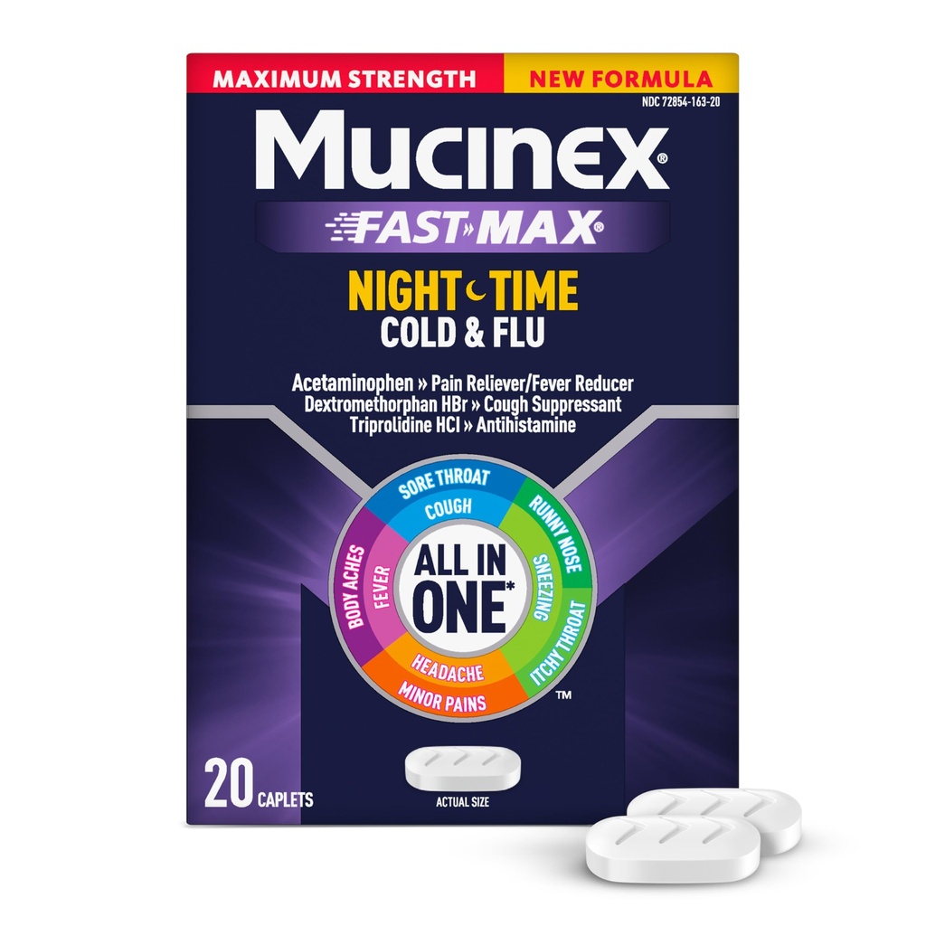 Mucinex Nightchange Cold & Flu, maksimum Güçlü Multi-Symptom Nighttime Relief, 20 Fast release Caplets - Pain Reliever/Fever Solution, Cough Suppressant, Antihistamin