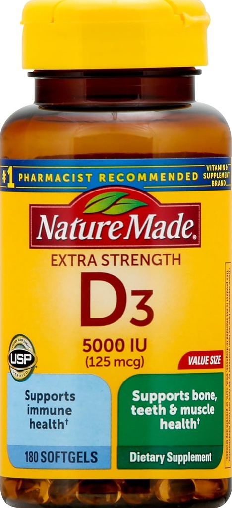 Ekstra Güçlü Vitamin D3 5000 IU (125 mcg), 180 Softgels Değer Boyutu, Yüksek Potency D, Immune Health, Güçlü Bones ve Dişleri Destekleyebilir ve Kas Fonksiyonlar