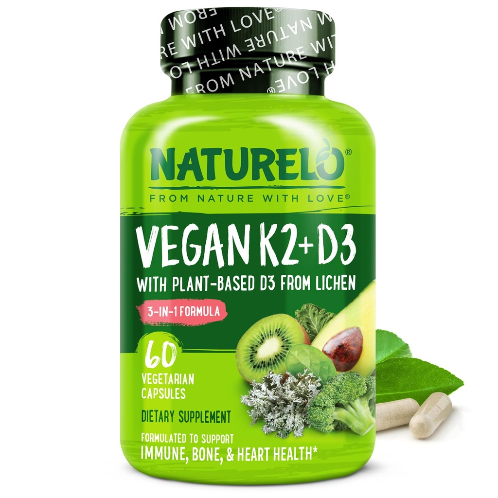 NATLO Vitamin D3 K2 - Vegan with Plantive D3 from Lichen - Natural Supplement for Immune System, Bone Support, Heart Health - Whole Food - Non-GMO - Gluten Free, 60 Capsules