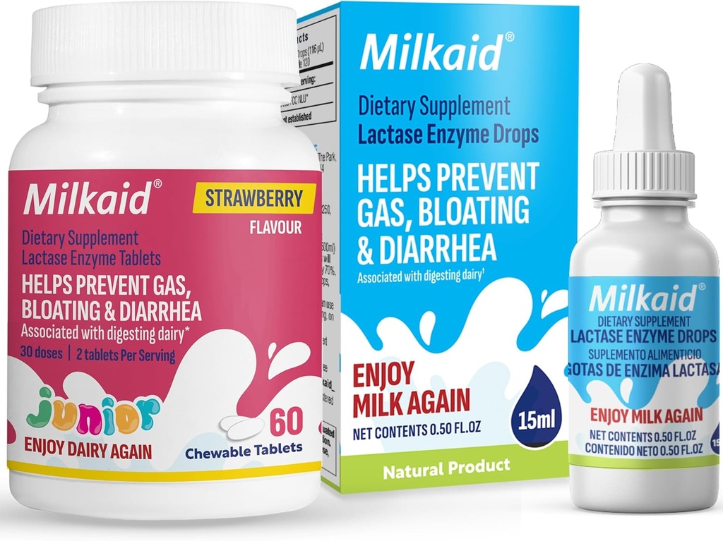 Sütaid Junior Lactase Enzyme Chewable Tabletler Lactase Drops for Lactose intolerance Relief | Engels Gas, Bloating, Diarrhea in Children | Hızlı Yasası