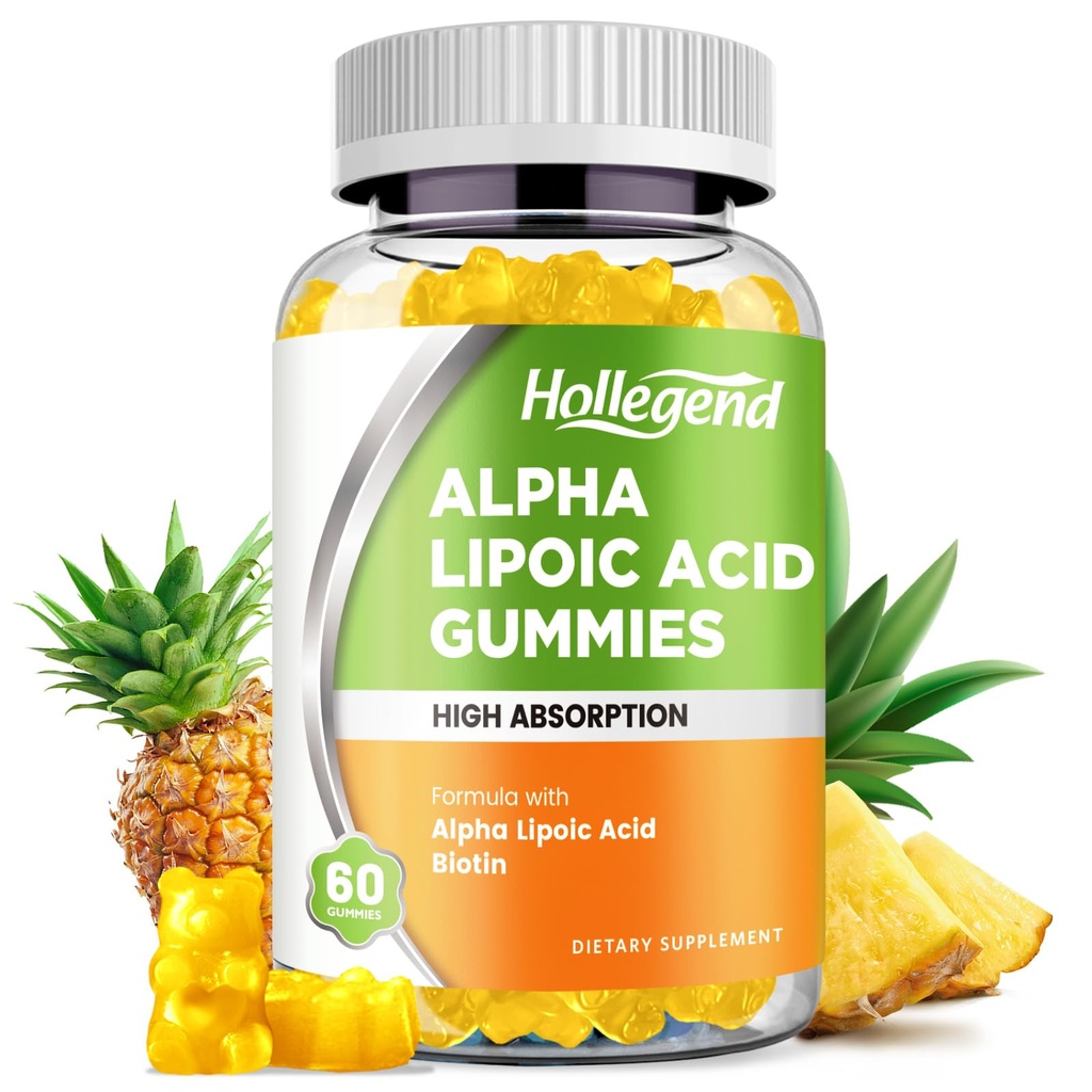 Alfa Lipoic Acid Gummies 1000Mg with Biotin, High Abxia Chewable ALA Supplement for Antioksi, Brain Health and Nerve Support, Pineapple Flavor, Sugar Free, 60 Chews