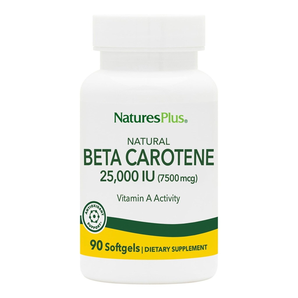 Natures Plus Natural Beta Carotene - 25.000 iu Vitamin A & Vitamin E, 90 Softgels - Eye Supplement, Antioksi, Aids in Free Radikal & Natural Cellular Defense - Gluten-Free - 90 Hizmetler