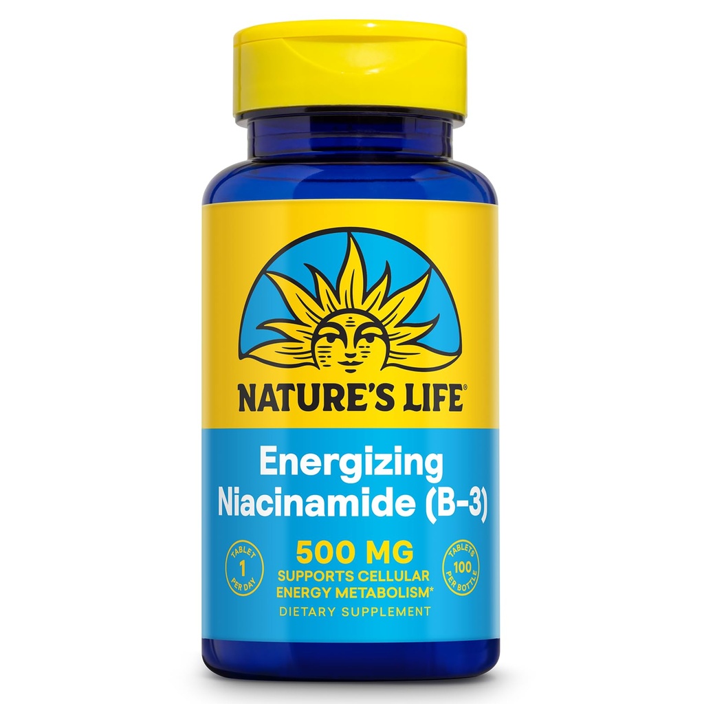 Nature's Life Energating Niacinamid 500 mg - No Flush B 3 Niacin Supplement - Nerve Function, Metabolism ve Sağlıklı Enerji Desteği - 60 günlük Garanti, Lab TY, 100 Hizmet, 100 Tablet